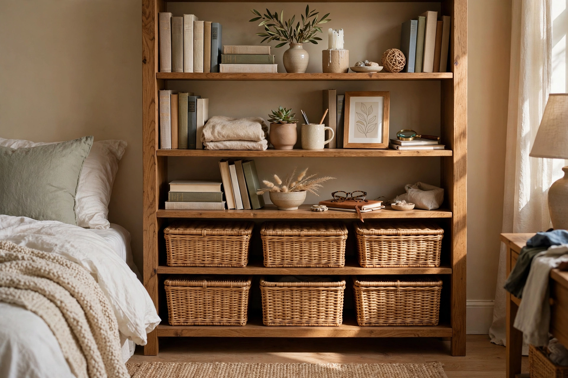 Woven baskets on lower bookcase shelves hiding bedroom clutter