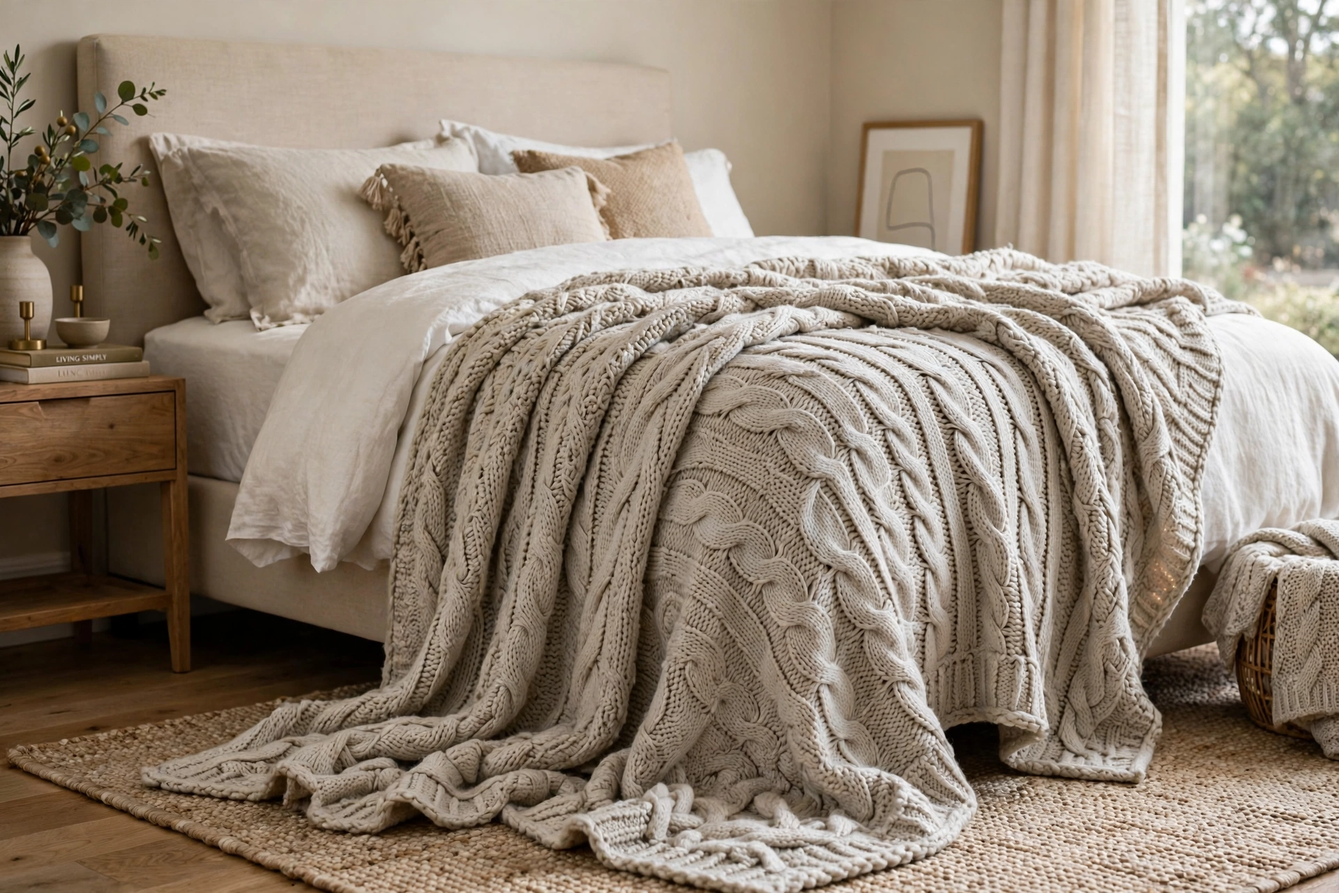 Oversized throw blanket cascading over the edge of a king size bed
