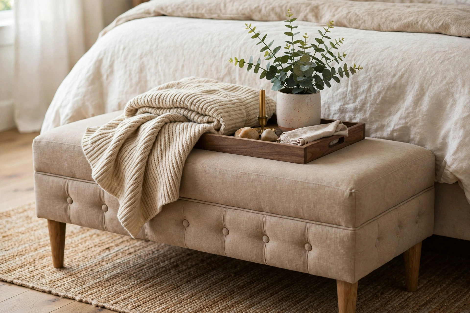 Low tray with throw and plant styled on an upholstered bed bench