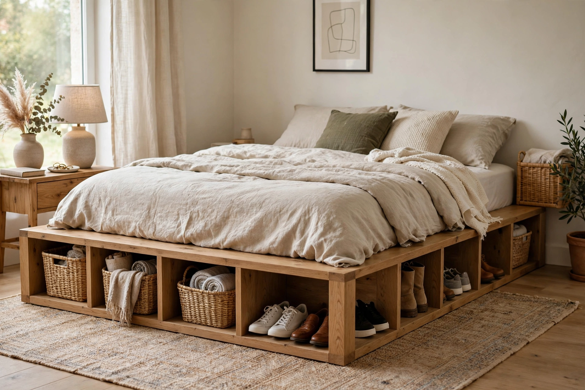 Low platform storage bed with open cubbies holding baskets and shoes