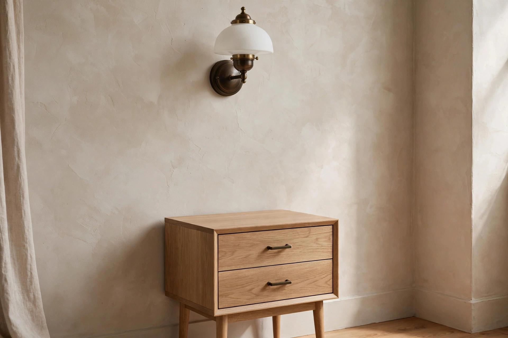 Wall sconce mounted above a small nightstand freeing table surface