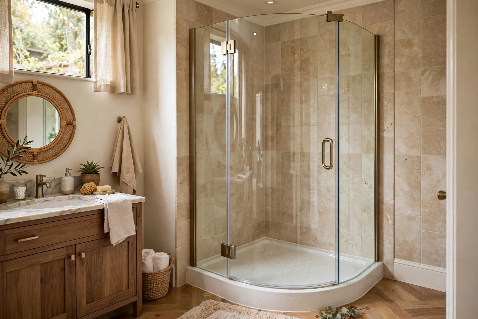 Curved bow front glass shower door on a rounded corner shower base