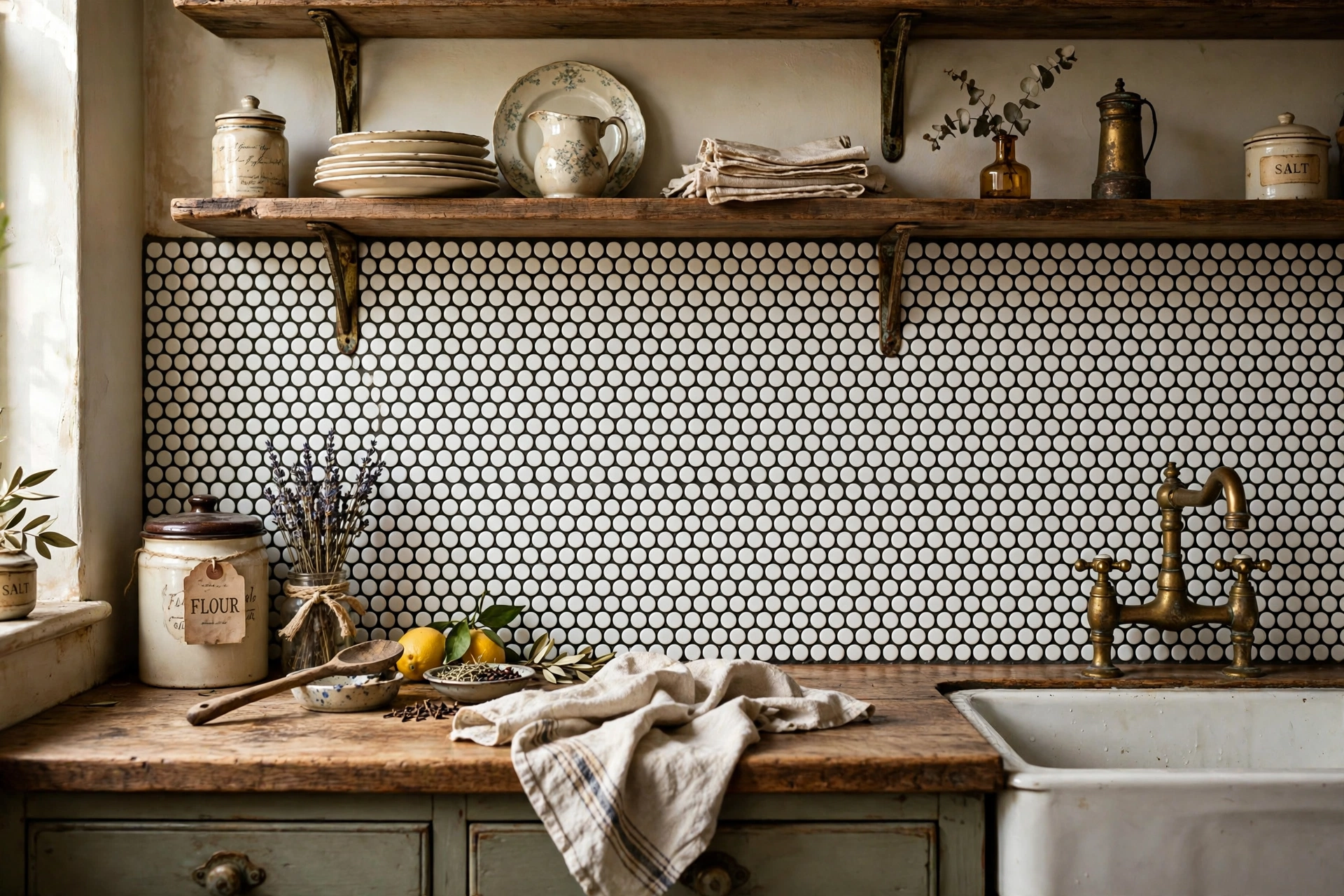 White penny round mosaic backsplash with dark grout and vintage charm