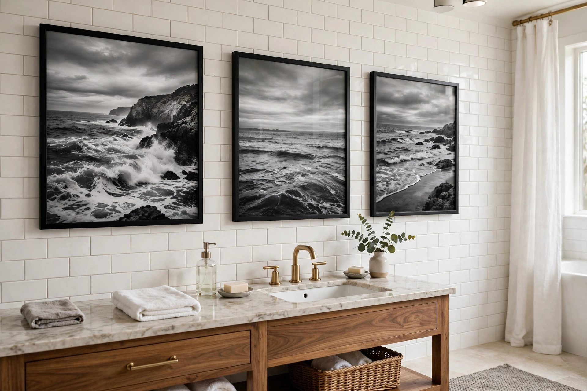 Black and white ocean photography in sealed frames in a bathroom