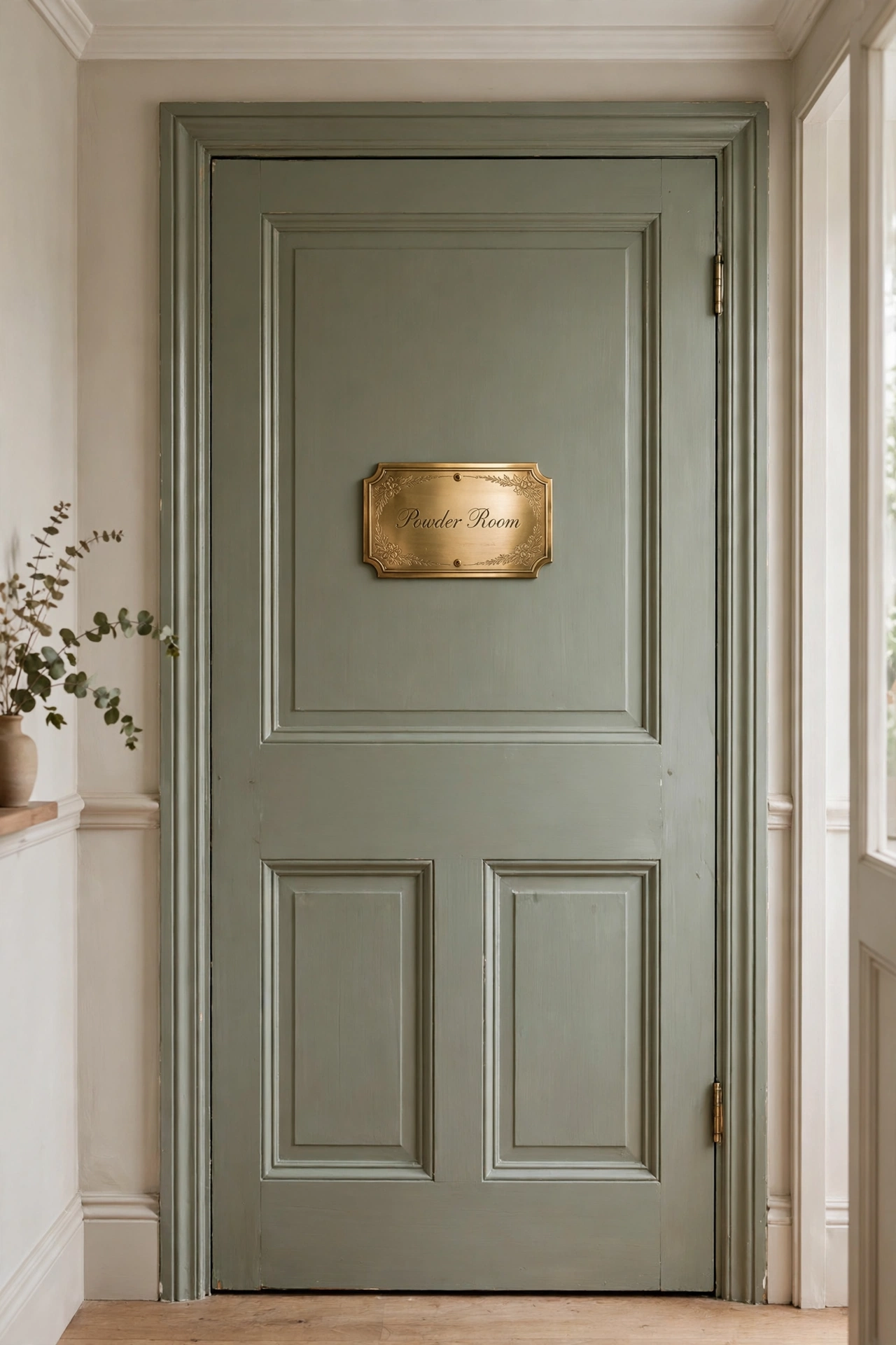 Small elegant powder room sign plaque hung on a bathroom door