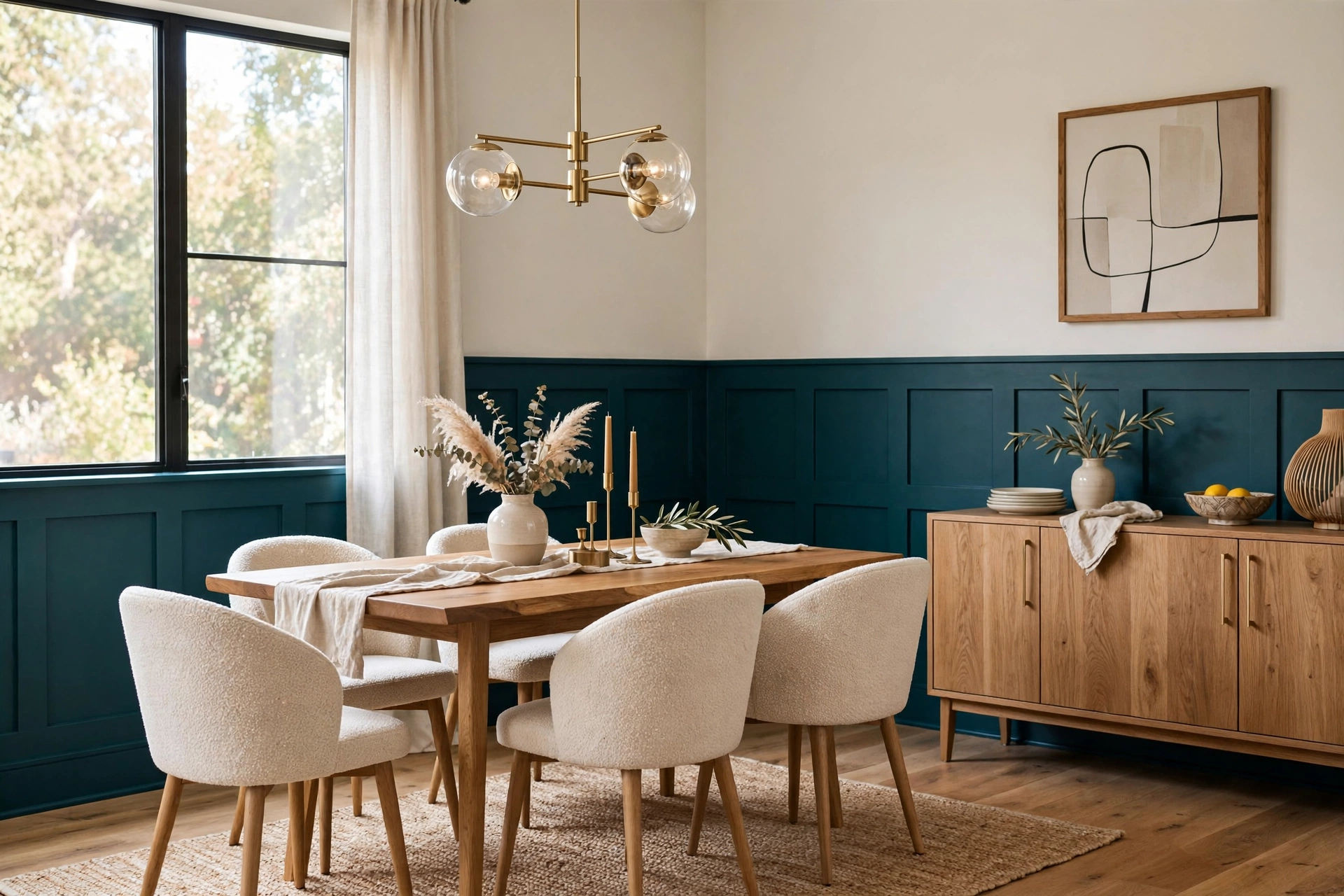 Modern wainscoting painted deep teal in a stylish dining room
