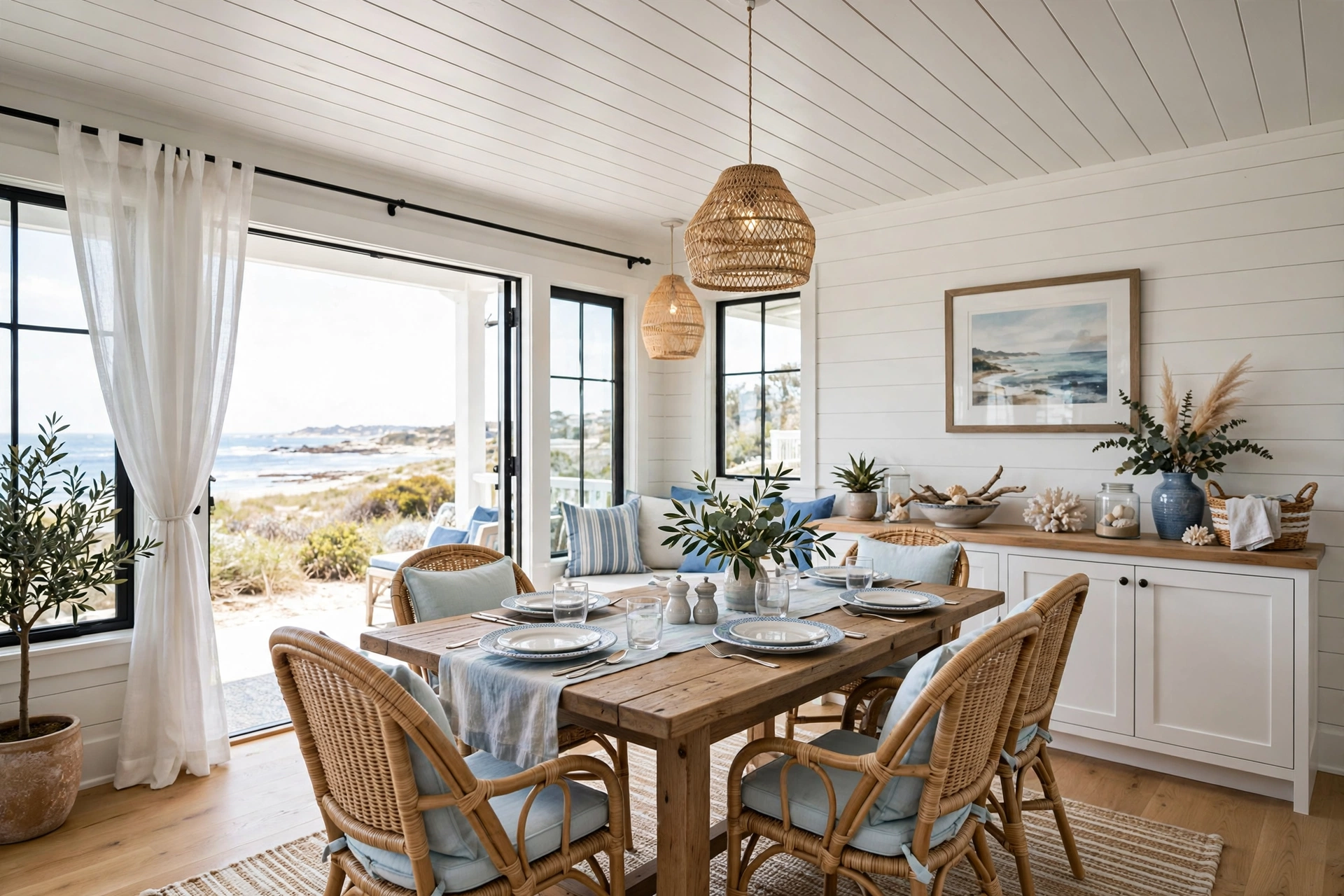 Coastal dining room with white shiplap planks on the ceiling