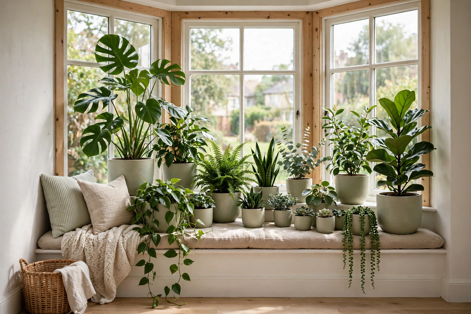 Bay window filled with lush houseplants in coordinated ceramic pots
