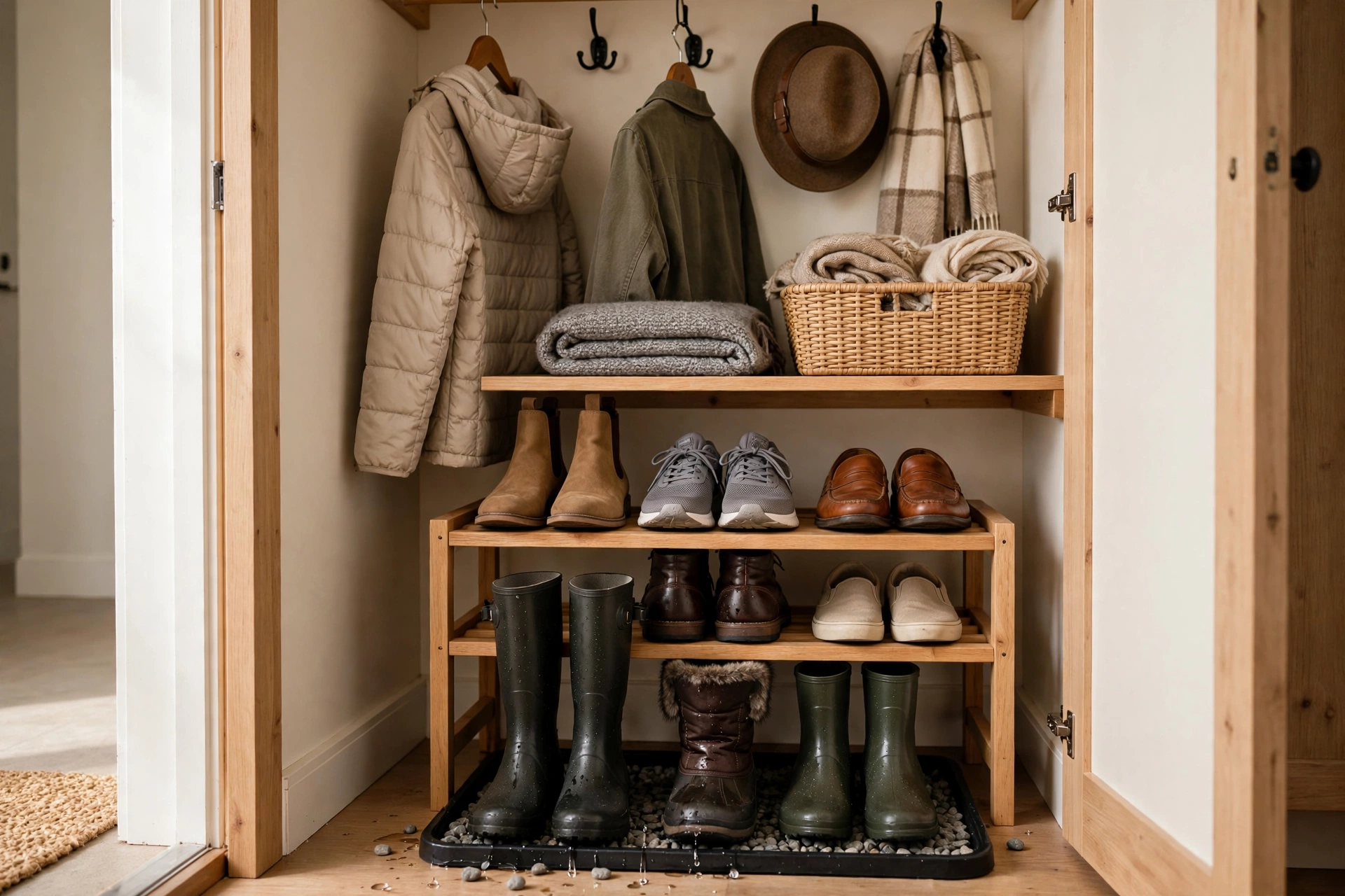 Tidy shoe rack and boot tray at the bottom of an entryway closet