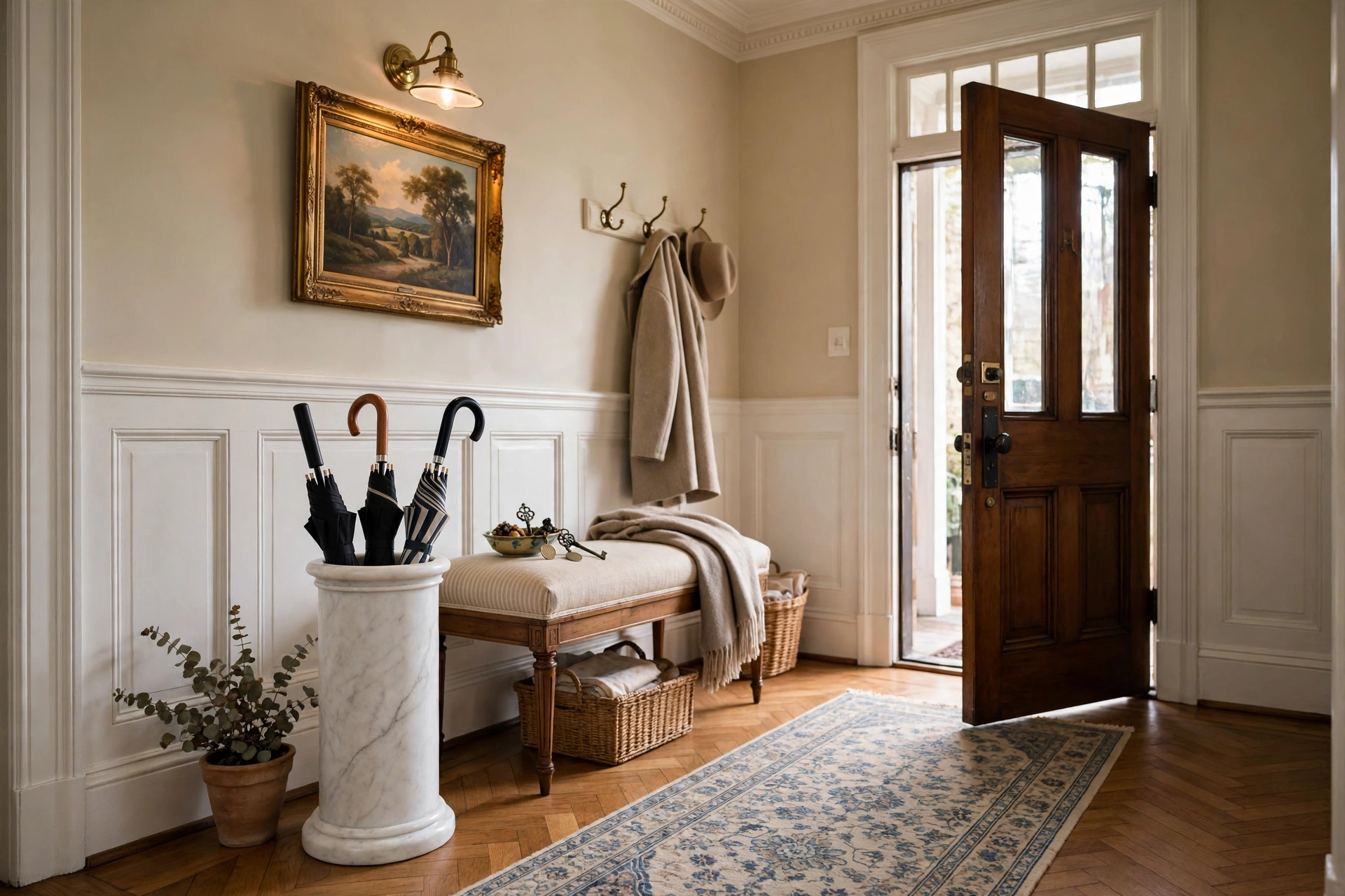 White marble umbrella stand adding elegance to a classic entryway