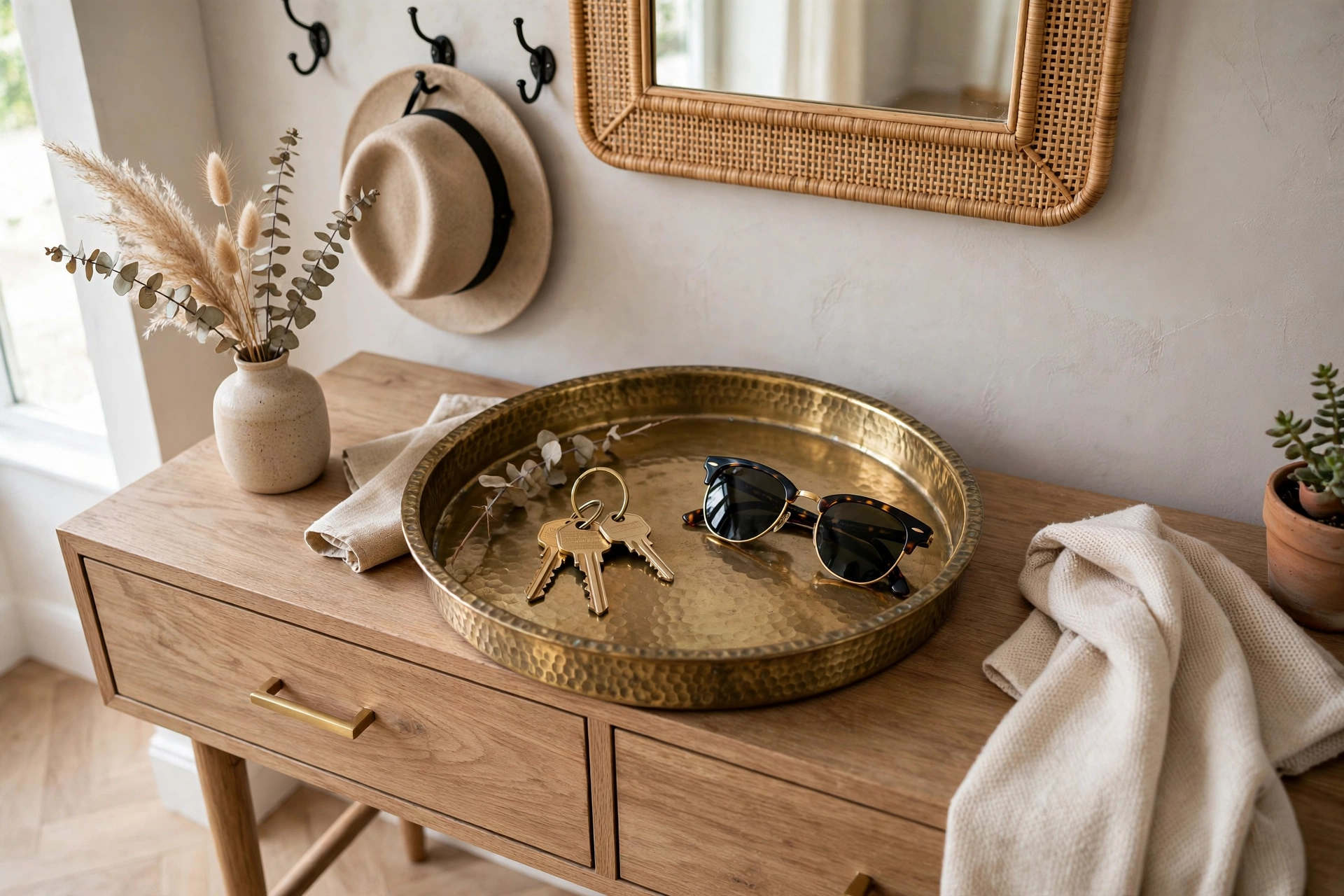 Brass decorative tray with keys and sunglasses on a console table
