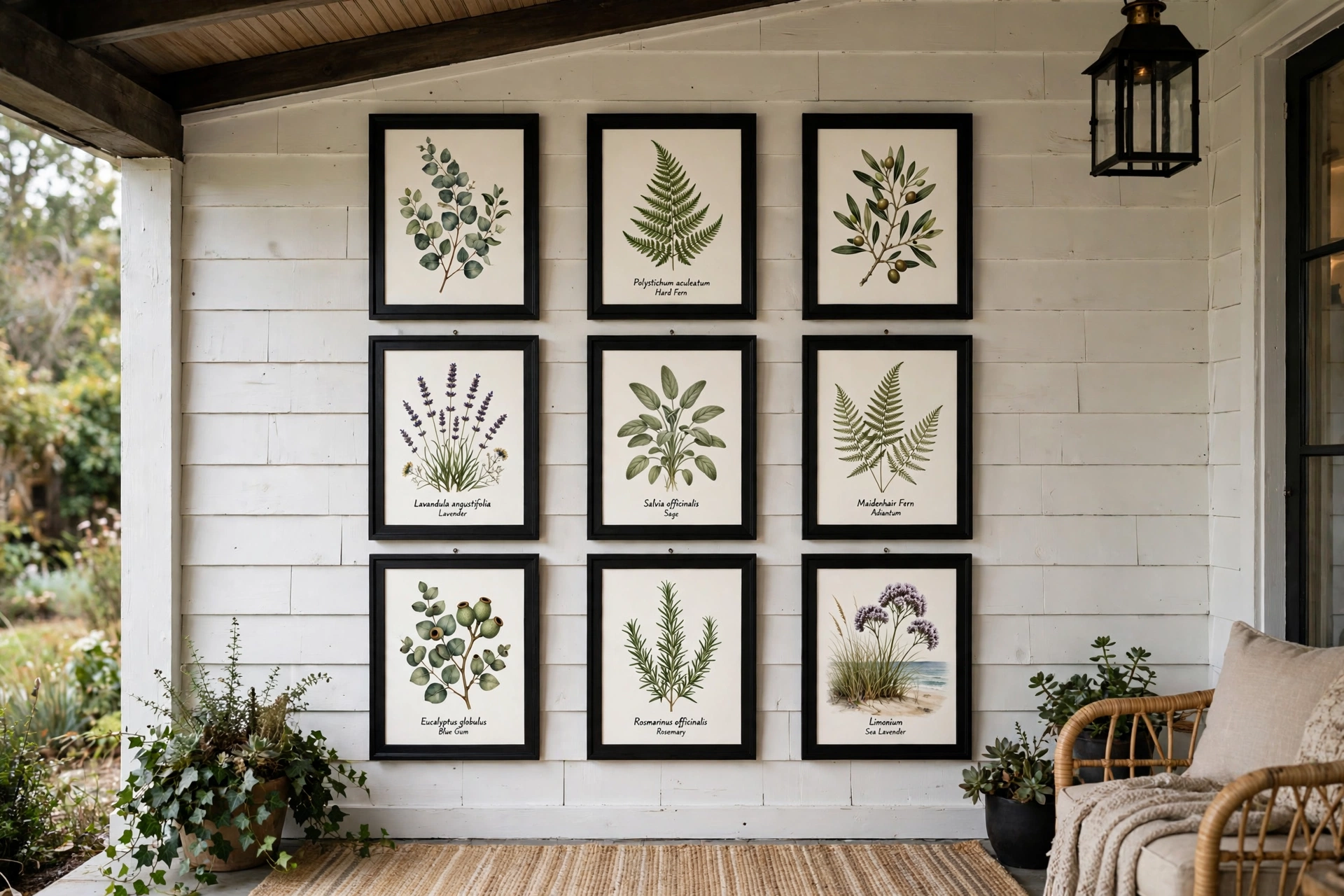 Covered porch wall with a gallery of weatherproof botanical art prints