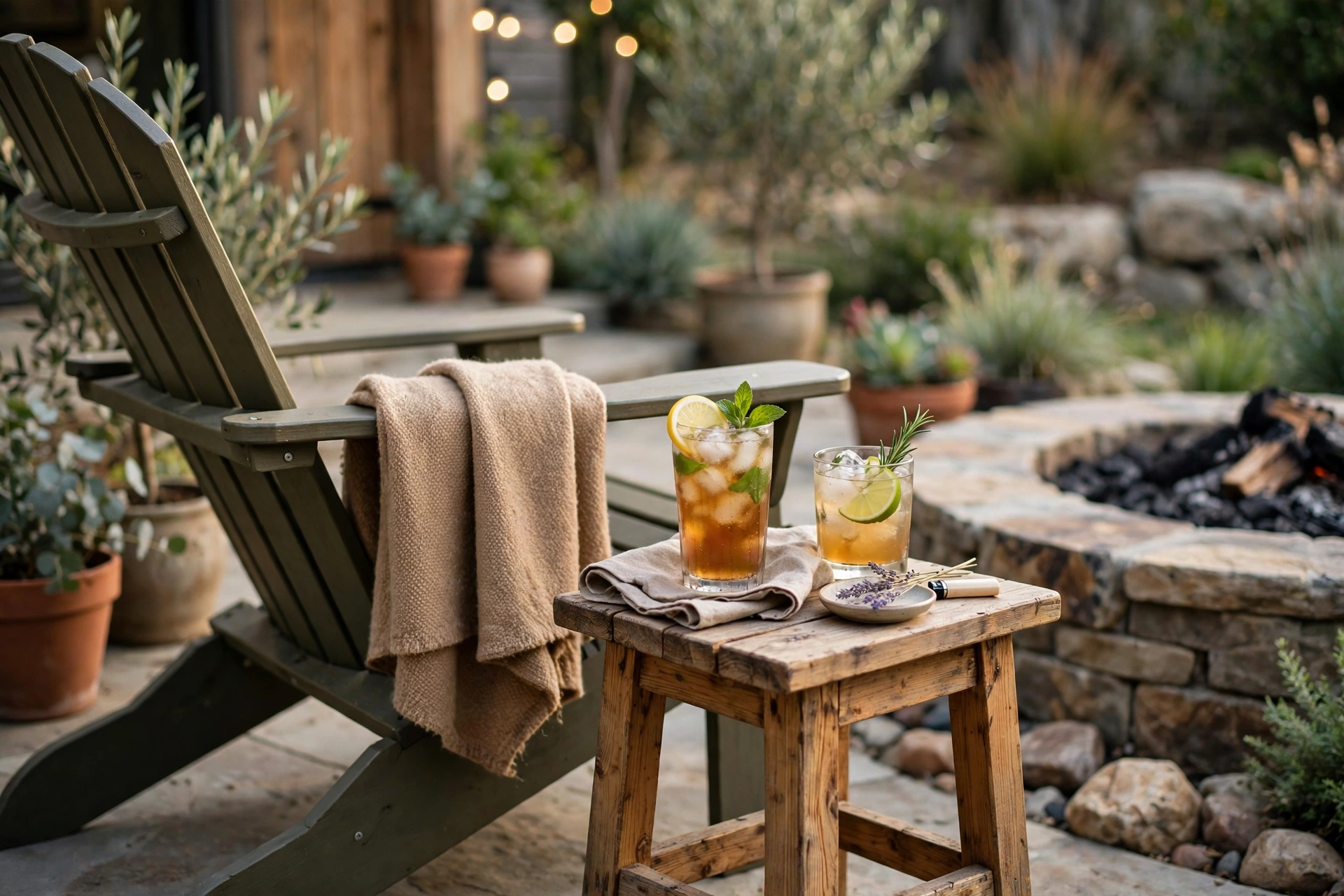 Small wooden side table with drinks beside a fire pit chair