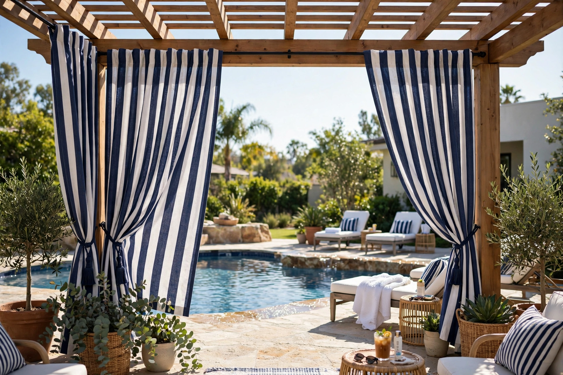 Navy and white cabana stripe outdoor curtains on a sunny poolside pergola