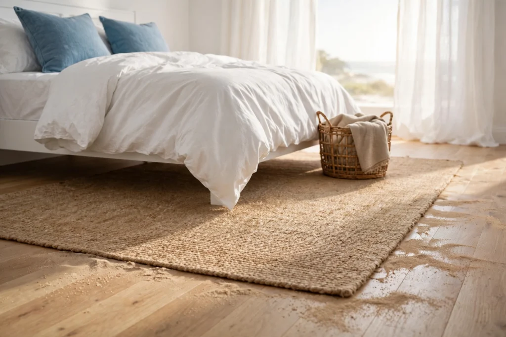 Natural jute rug under a white bed on light oak floors in a coastal bedroom