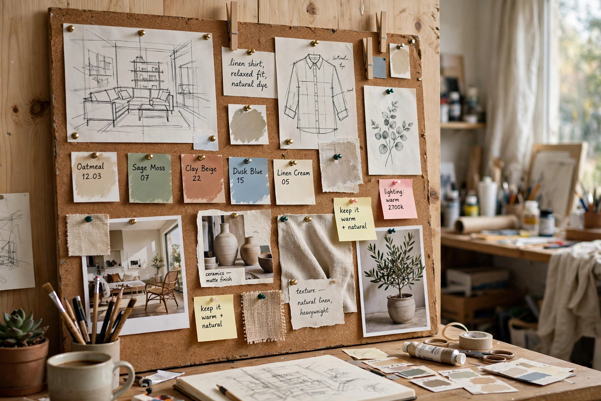 Cork inspiration board with sketches color swatches and reference photos