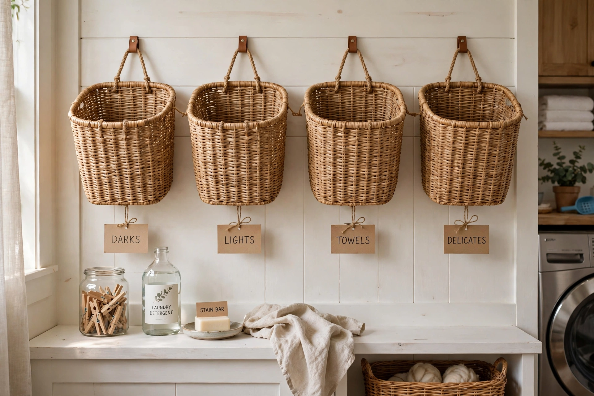 Woven wall baskets labeled for sorting laundry by color