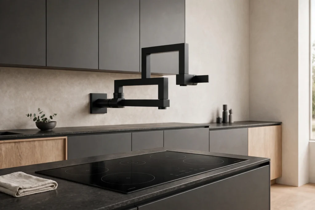 Square-profile matte black pot filler in a sleek contemporary kitchen