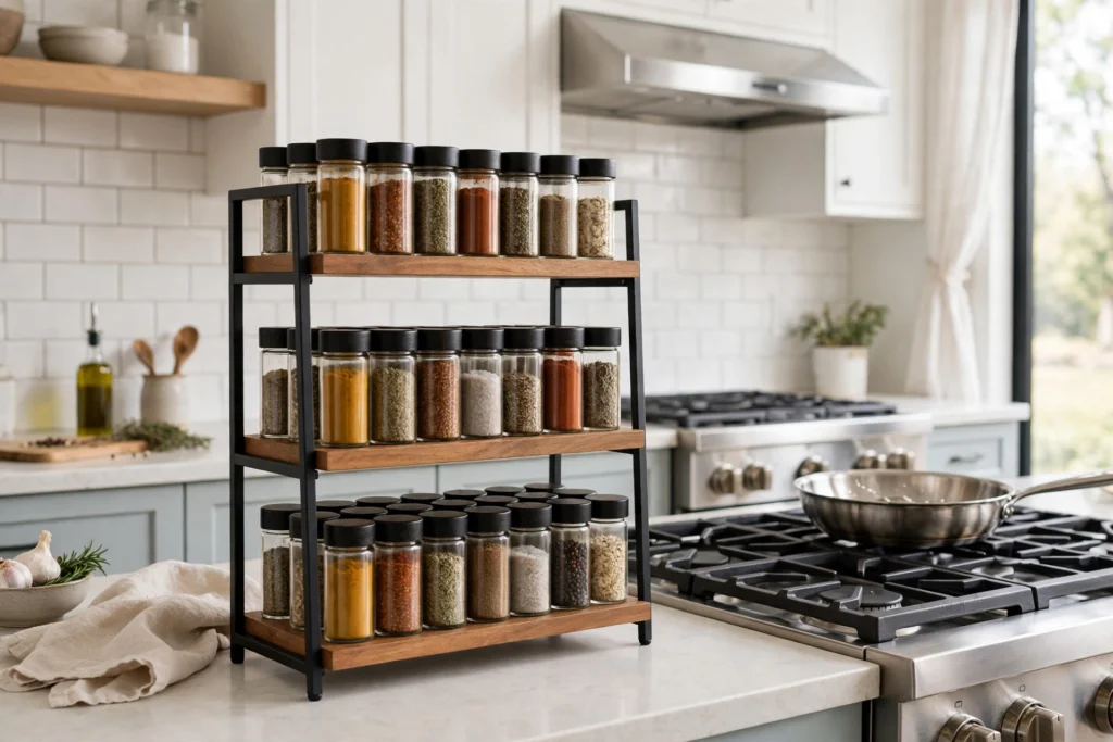 Three-tier countertop spice stand displaying matching jars near the stove