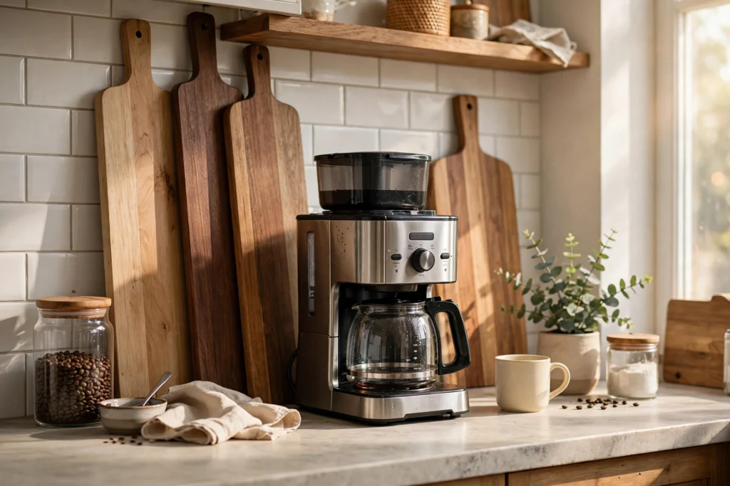 Tall cutting boards leaning behind a coffeemaker creating a styled coffee corner