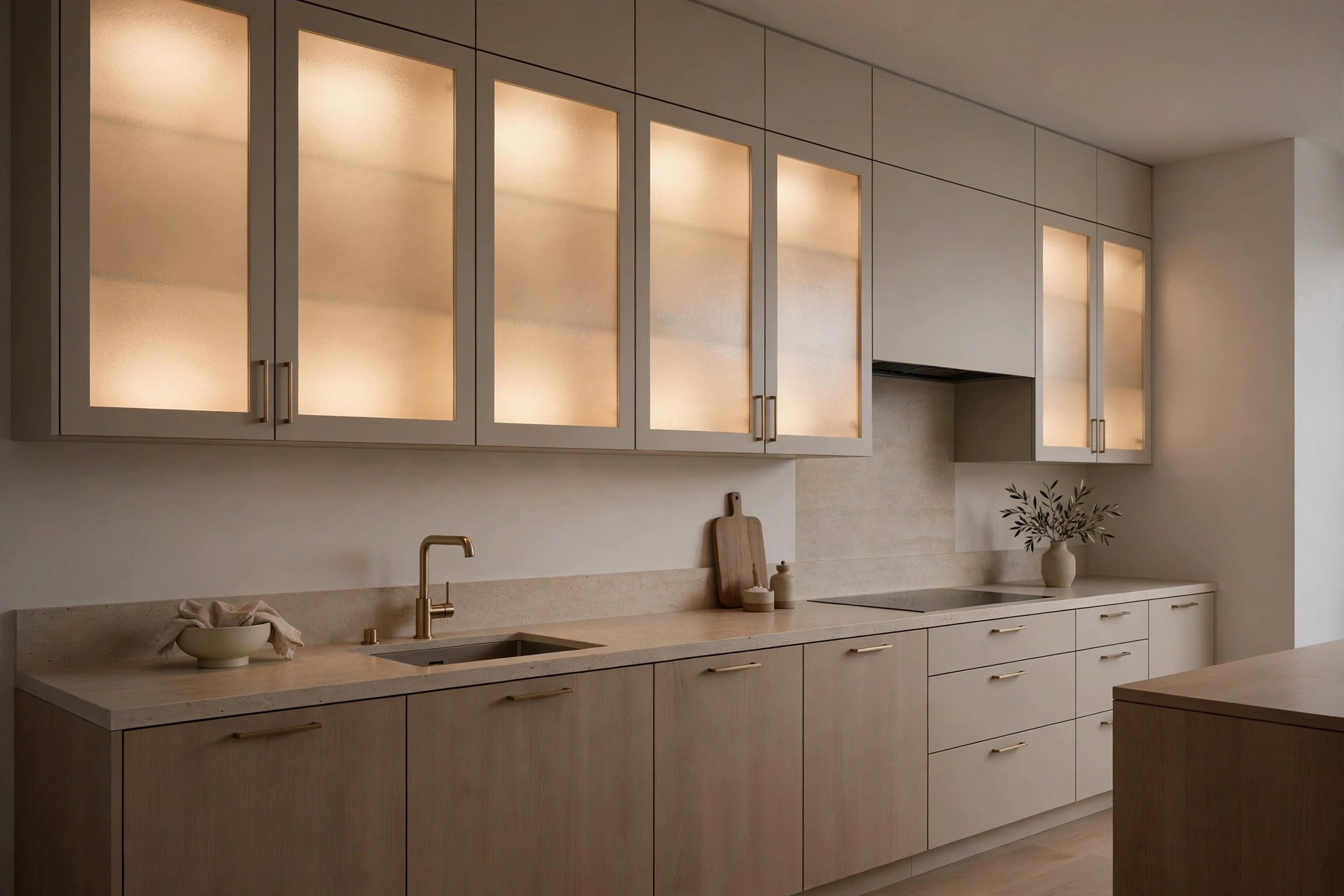 Frosted glass cabinet doors glowing softly in a modern minimalist kitchen