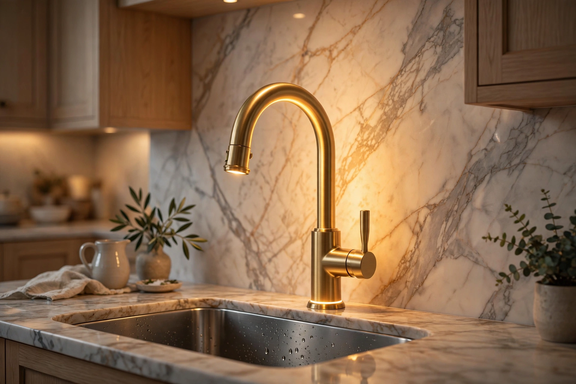 Brushed brass faucet glowing against marble backsplash in an elegant kitchen