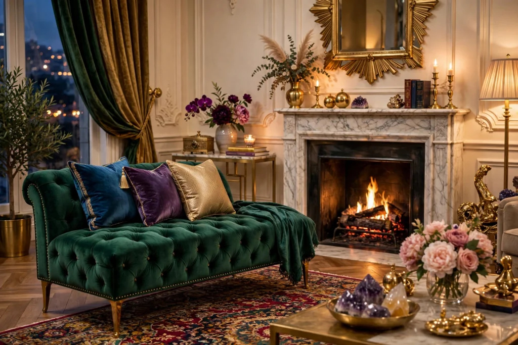 Emerald tufted velvet bench in glam living room near fireplace