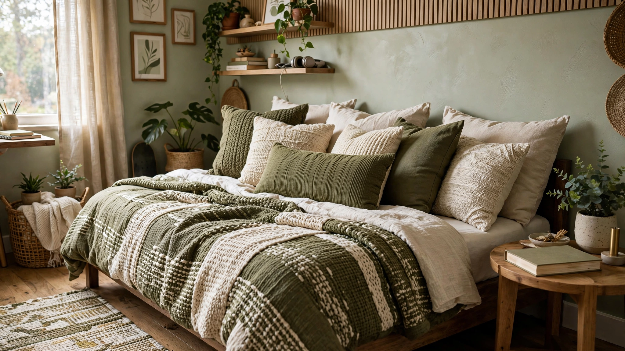 Teen bed styled as a daybed lounge with throw pillows, lumbar cushions and textured olive duvet
