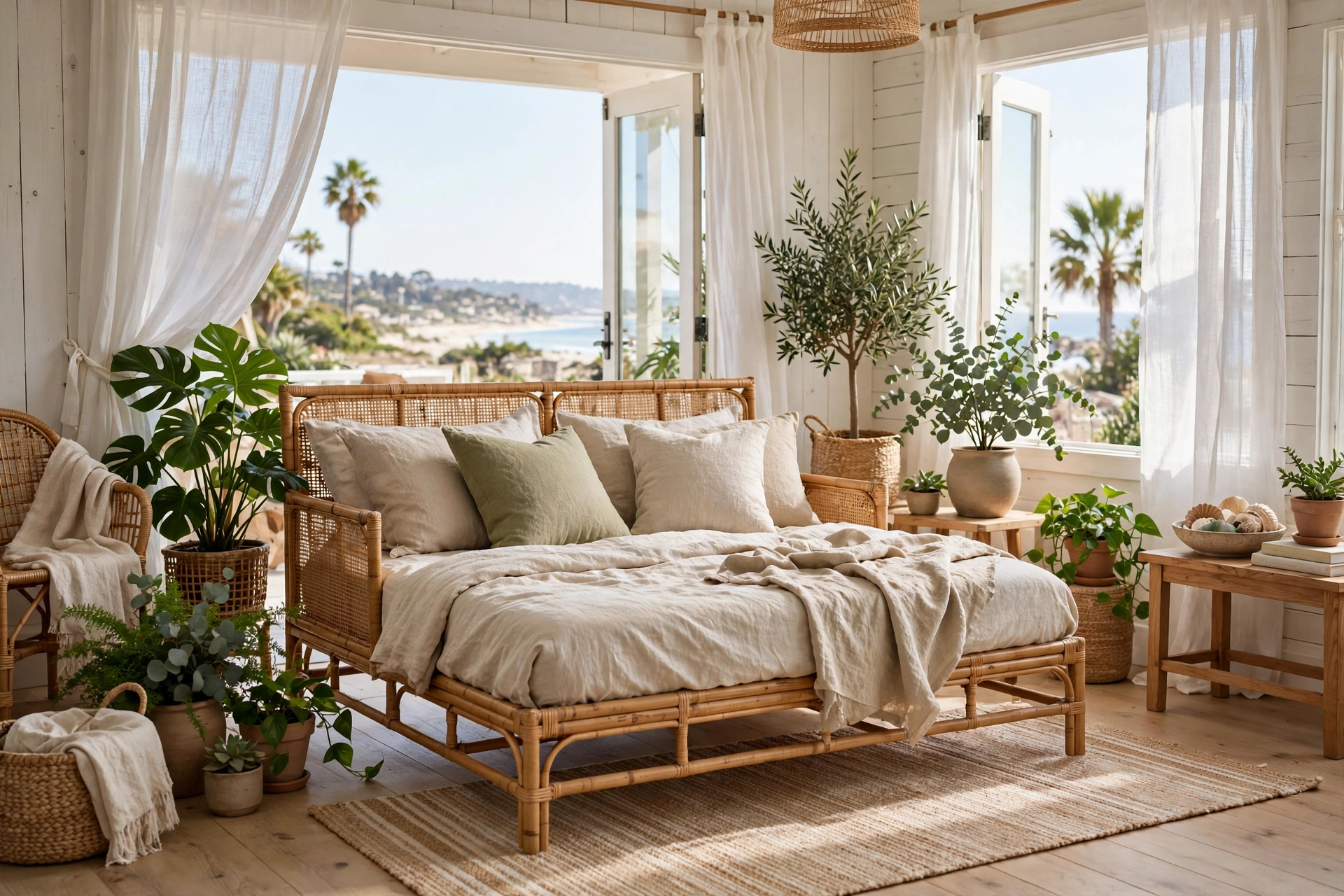 Rattan daybed with linen bedding and plants in breezy living room
