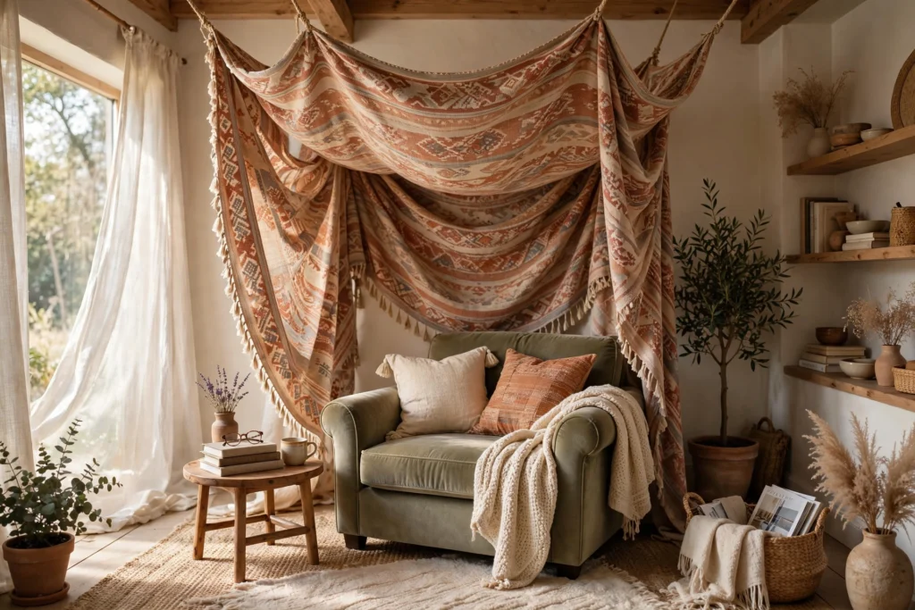Tapestry suspended from ceiling creating canopy over reading corner