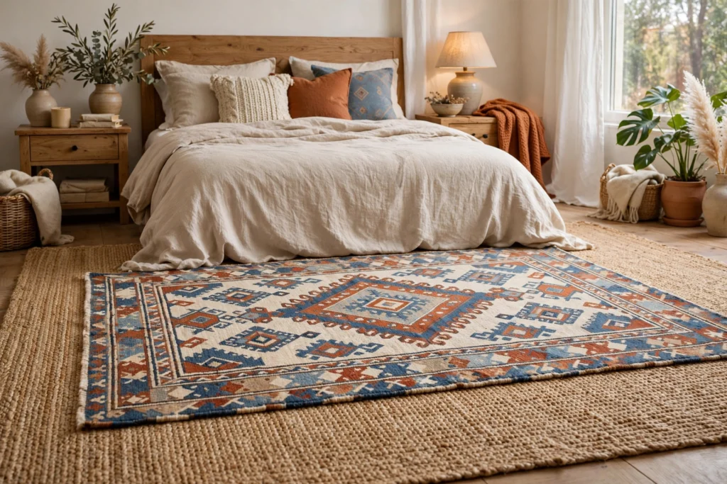 Patterned wool rug layered over a large natural jute rug in a bedroom