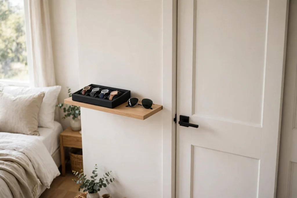 Slim floating shelf with watch tray and sunglasses outside a closet door