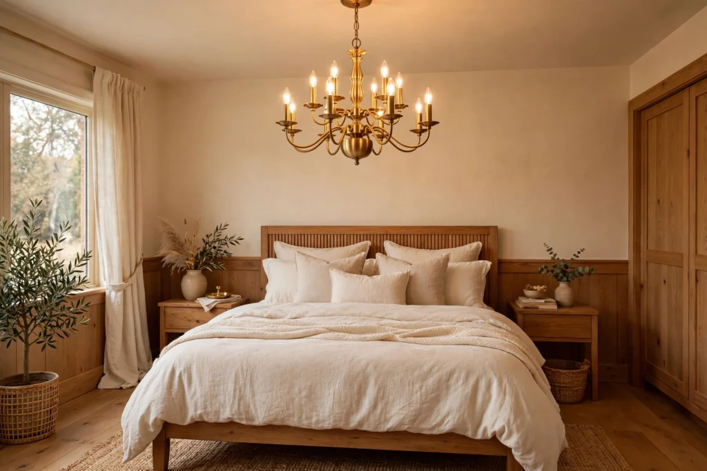 Brushed brass chandelier warming a bedroom with cream bedding and wood tones