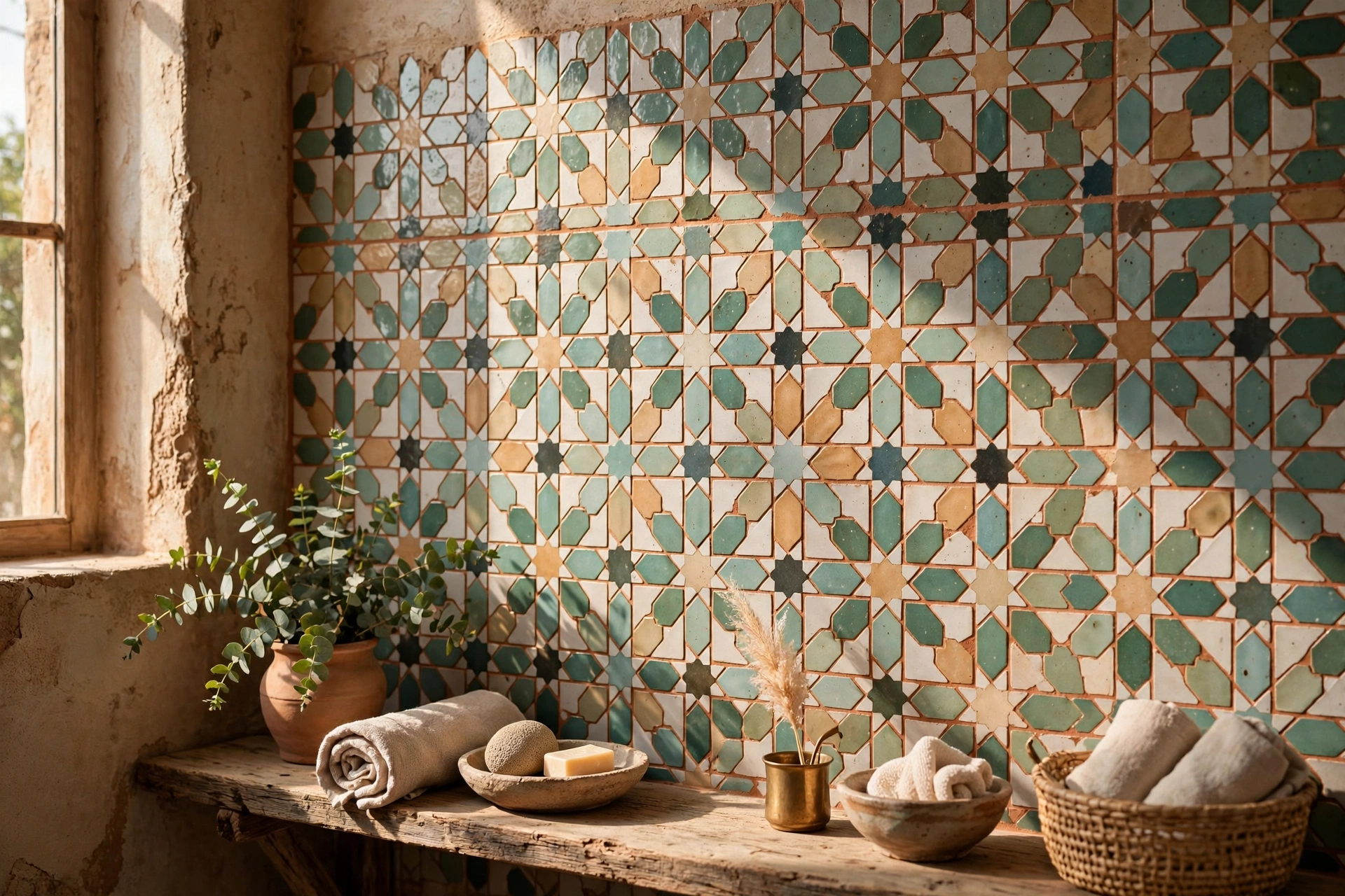 Handmade zellige bathroom tiles with terracotta colored grout