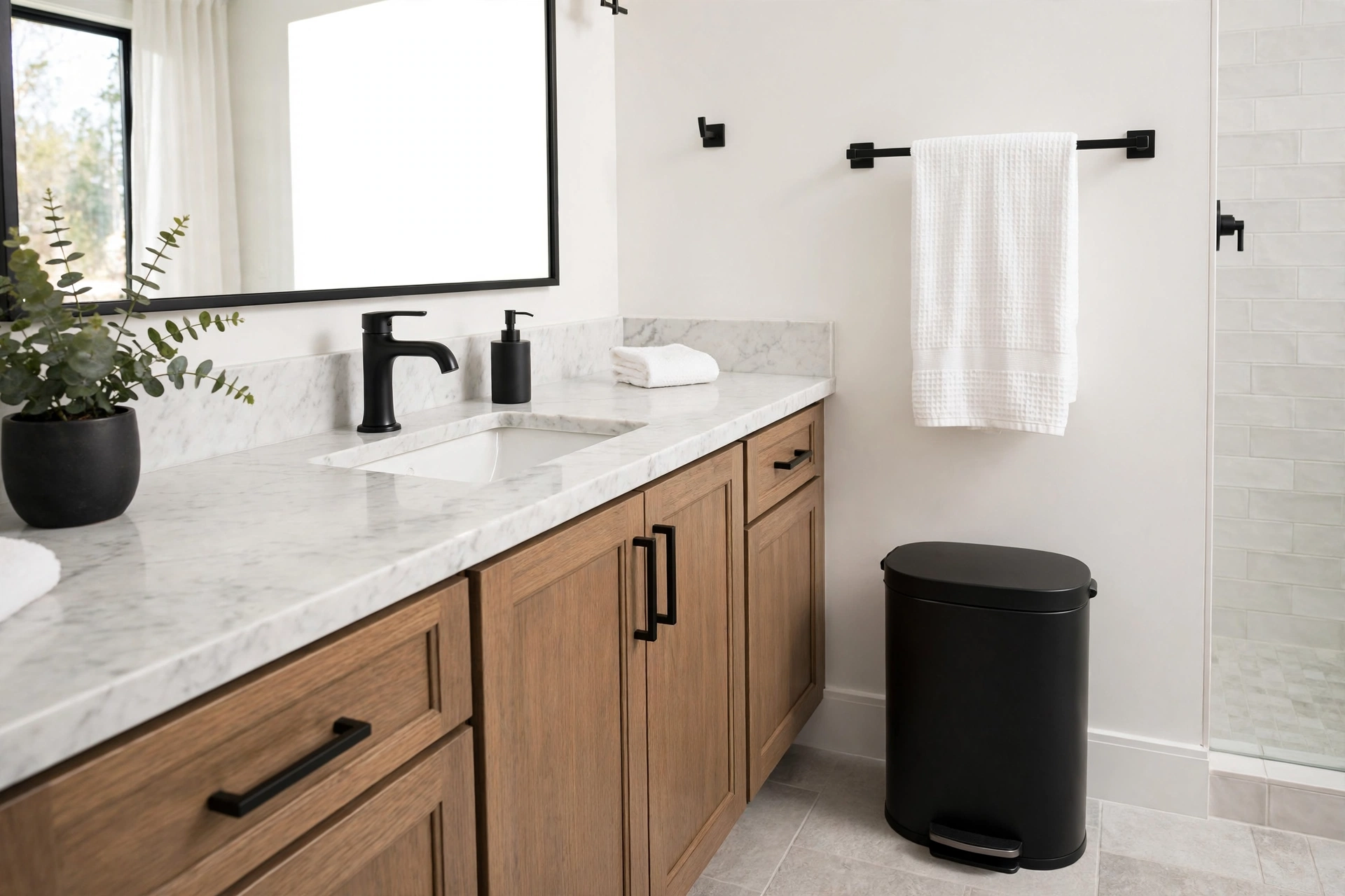Matte black bathroom trash can matching black faucet and towel bar hardware