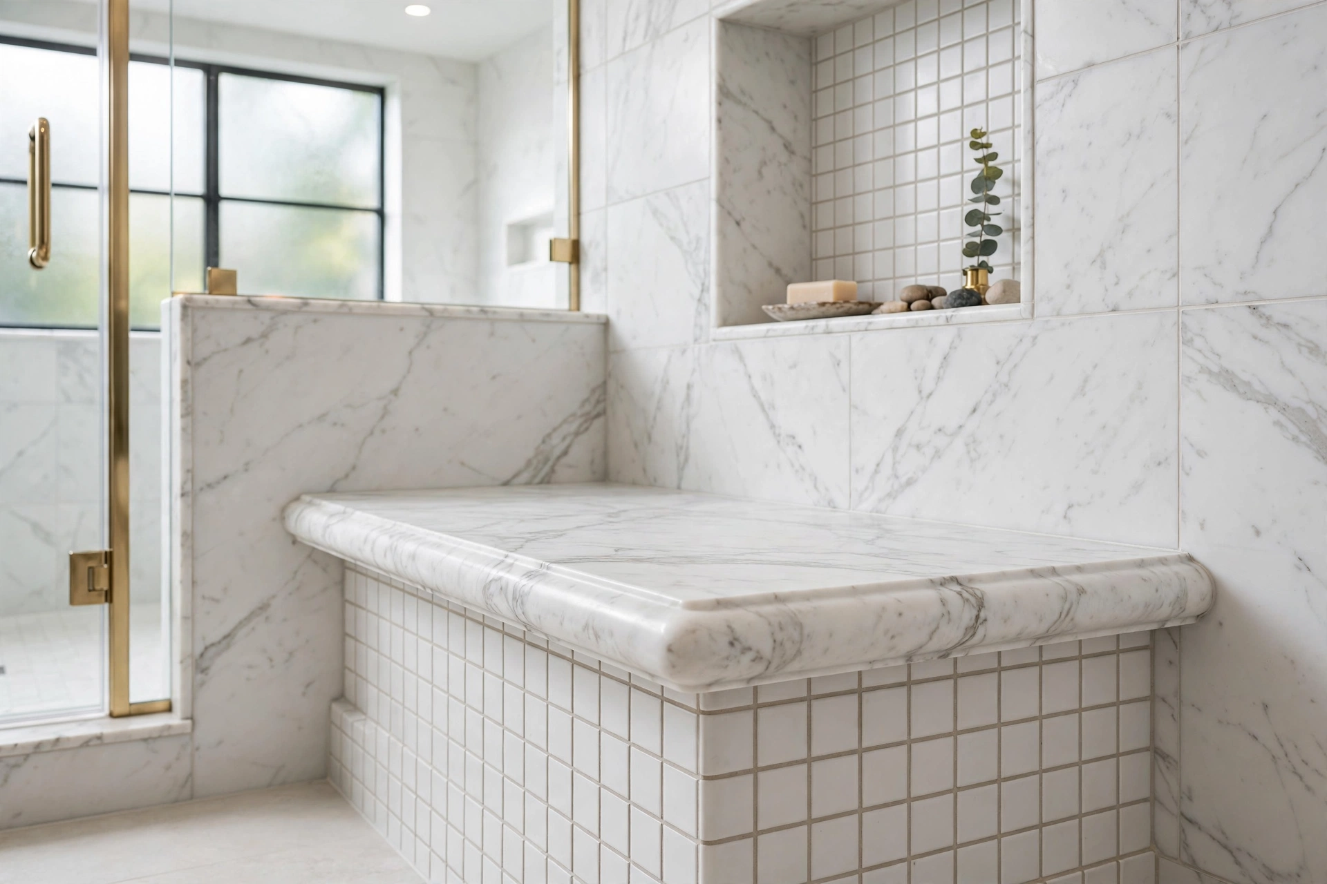 White marble slab shower bench with bullnose edge over tiled base