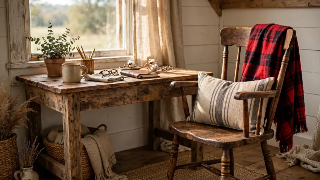 Plaid throw and woven textiles draped over a farmhouse office chair