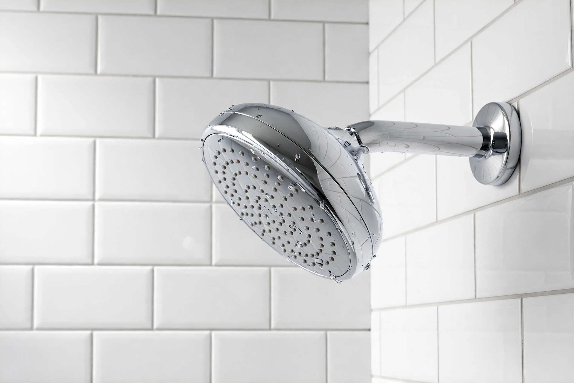 Polished chrome shower head gleaming against white subway tile