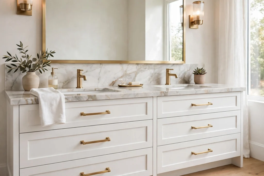 Brushed brass drawer pulls warming up a white double vanity with marble top