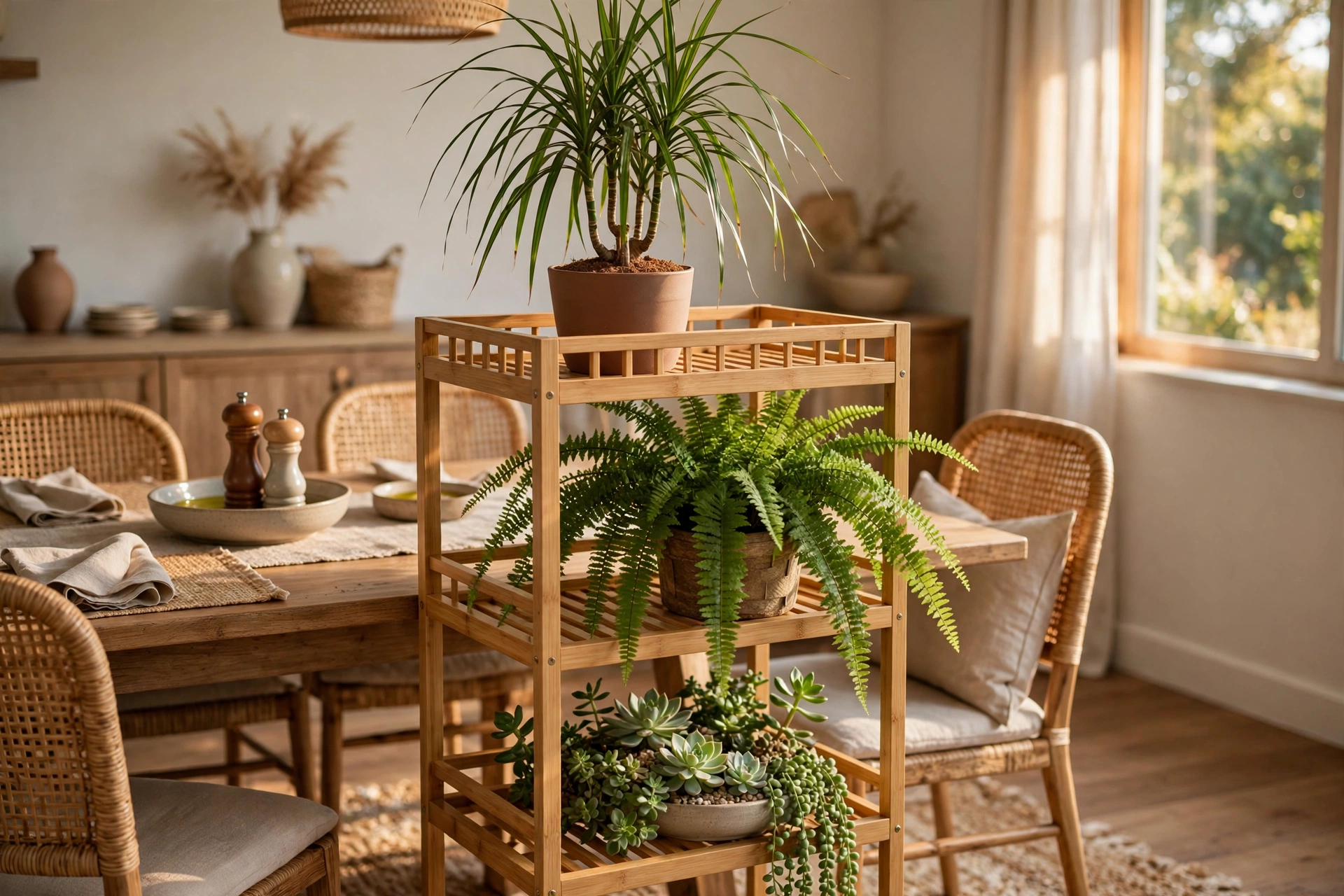 Three-tier bamboo plant stand layered with dracaena, ferns, and succulents in dining room