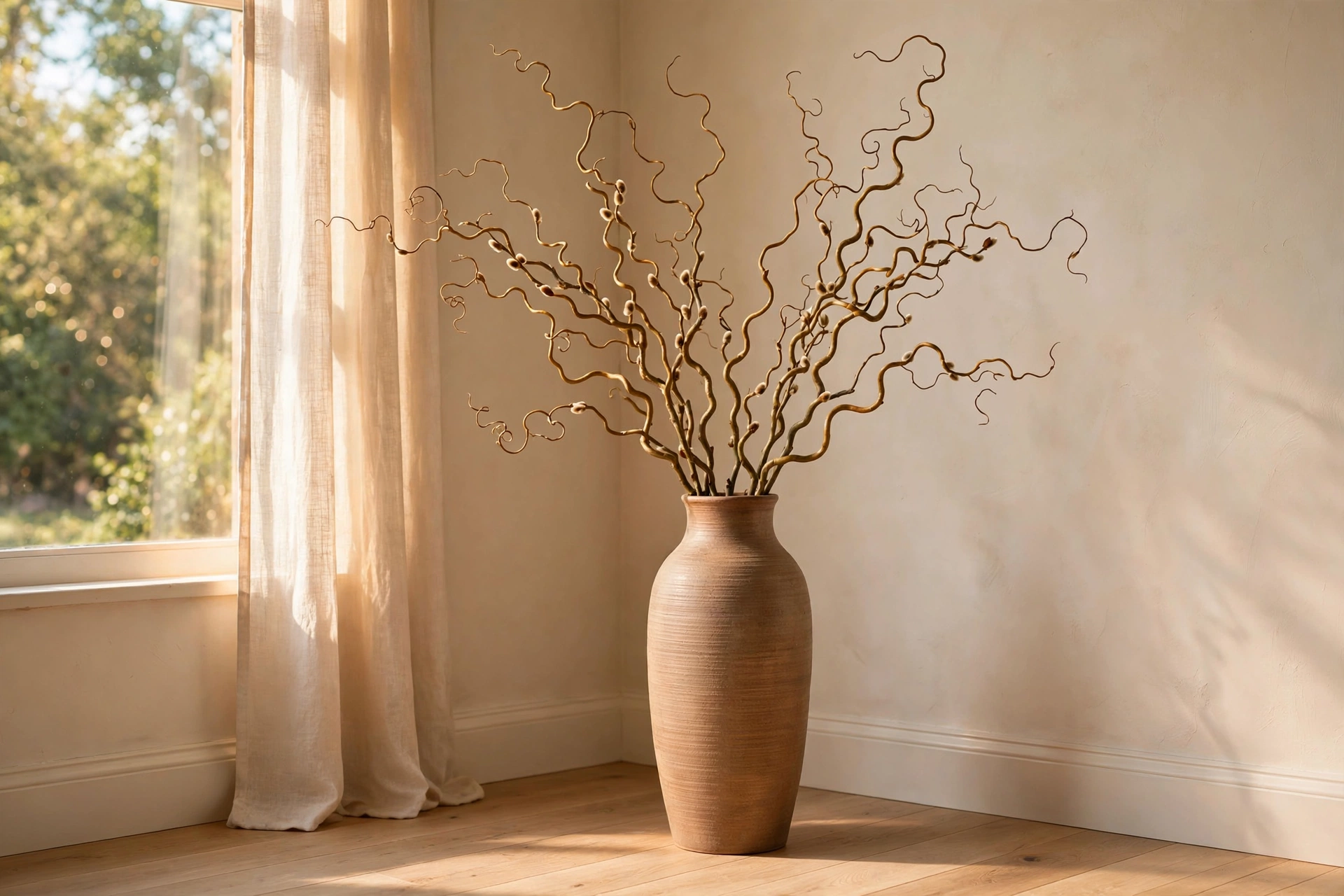 Tall ceramic vase with curly willow branches in an empty dining room corner