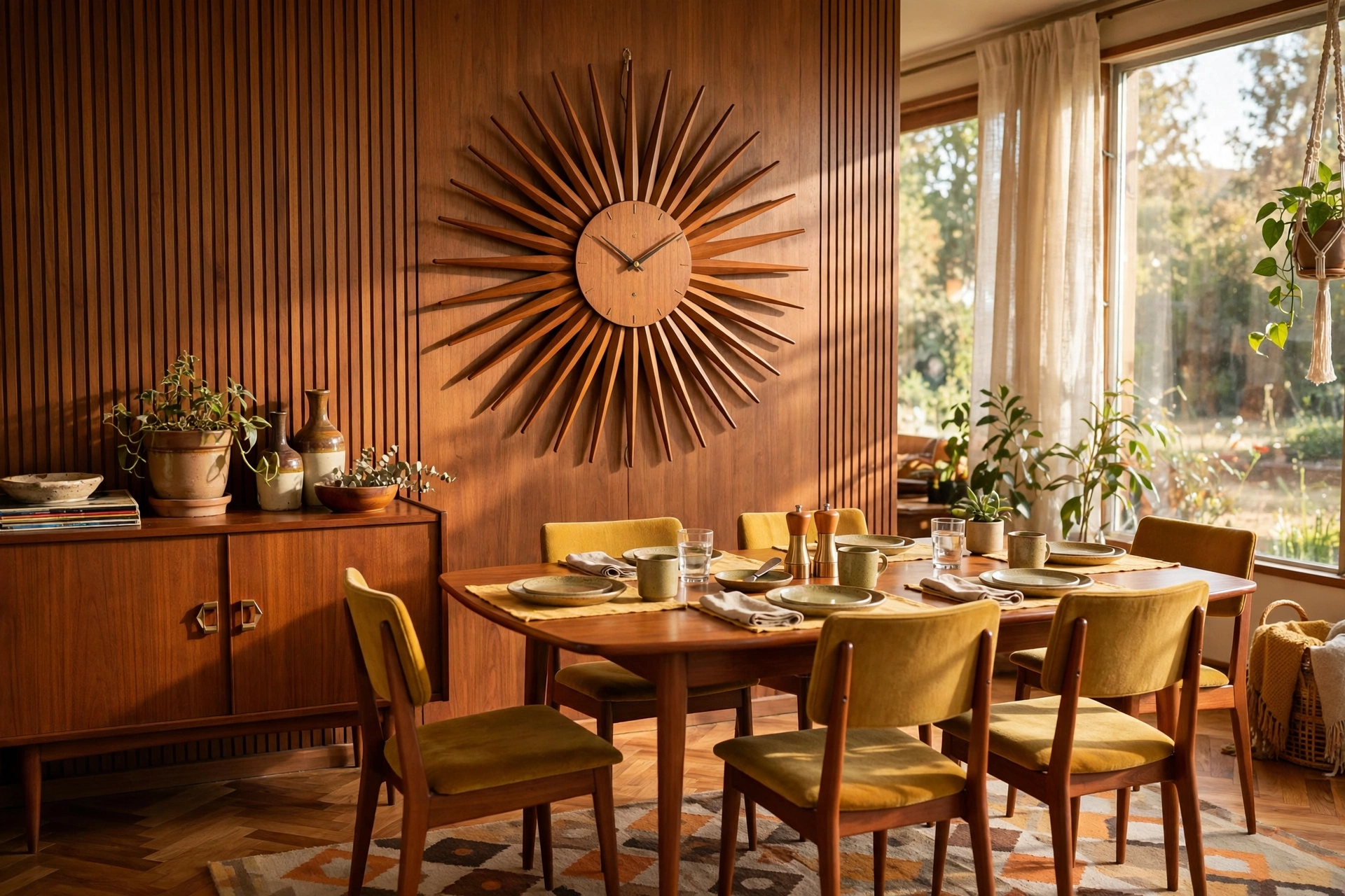 Mid-century sunburst clock with wooden rays hanging in a retro dining room