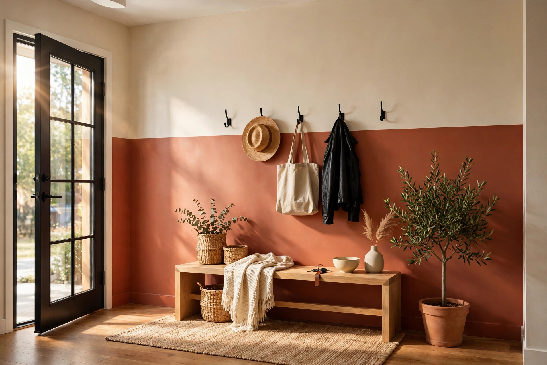 Modern entryway with a color-blocked painted wall in terracotta and cream