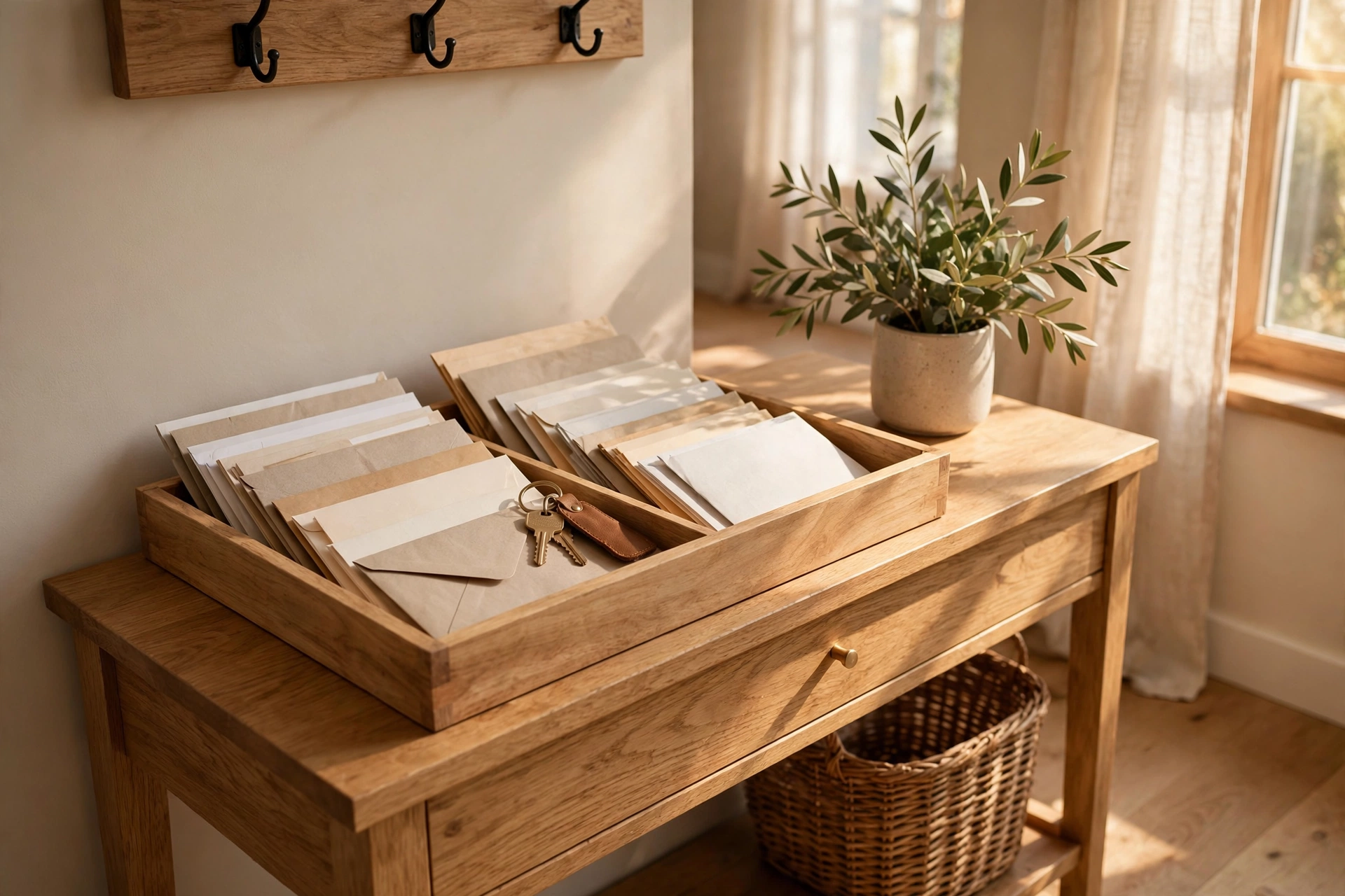 Shallow wooden tray organizing incoming mail on an entryway console
