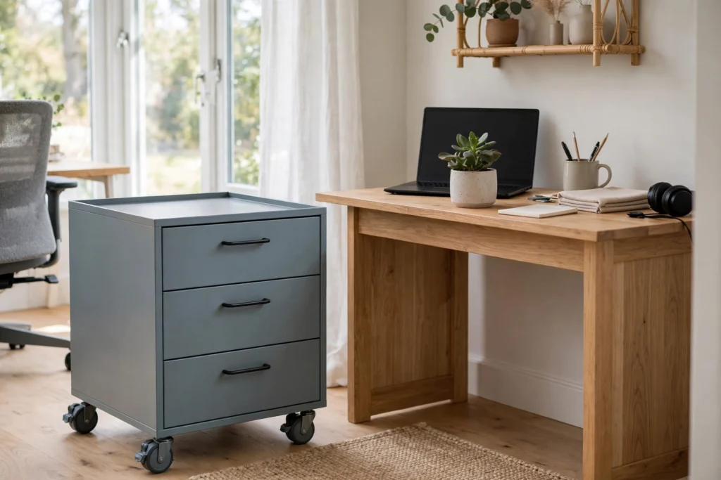 Rolling file pedestal on locking casters beside a small home office desk