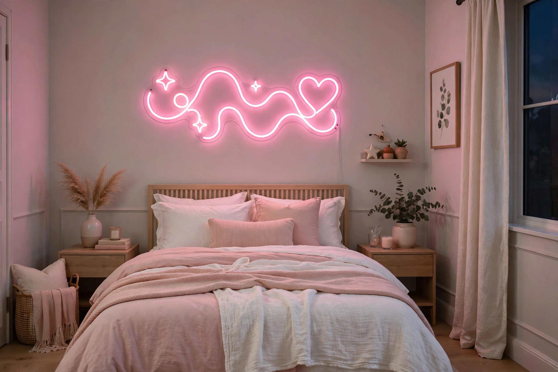 Pink LED neon name sign glowing above a tween bed with white and blush bedding