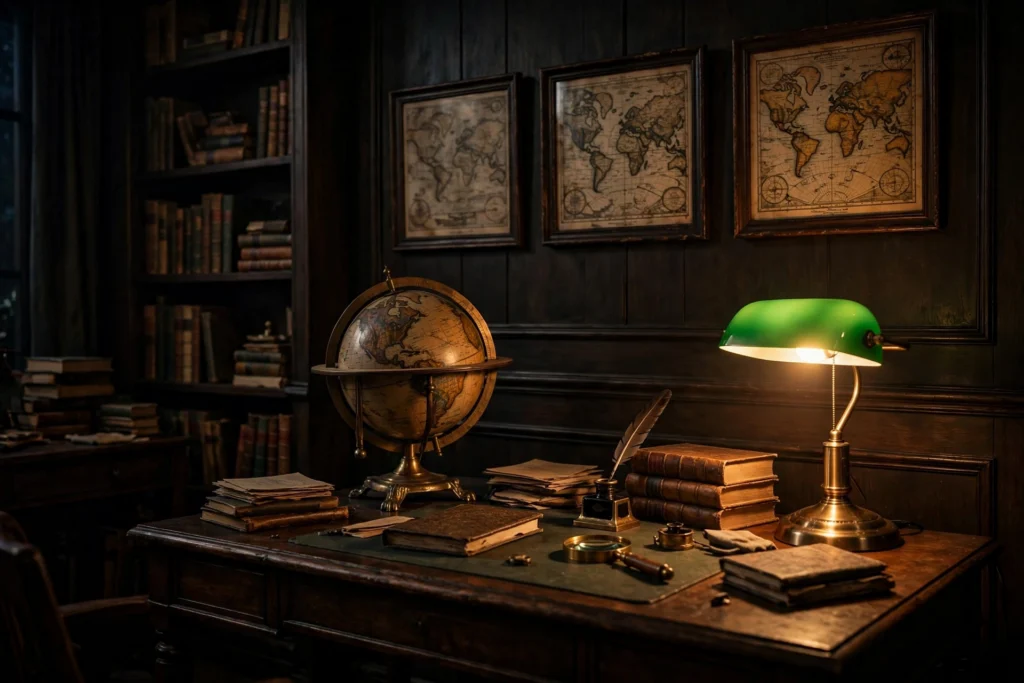 Vintage brass globe and framed antique maps on a dark wood desk in a scholarly study