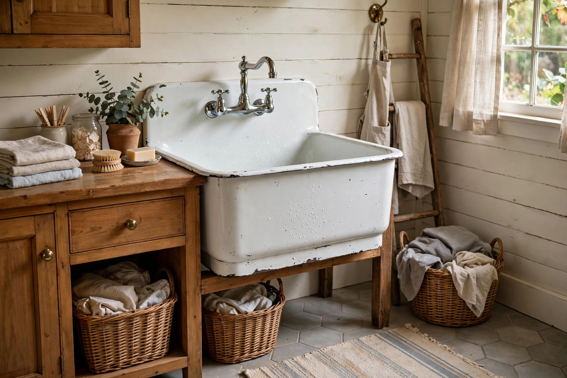 Vintage enameled cast-iron laundry sink with chrome faucet in a cottage laundry room