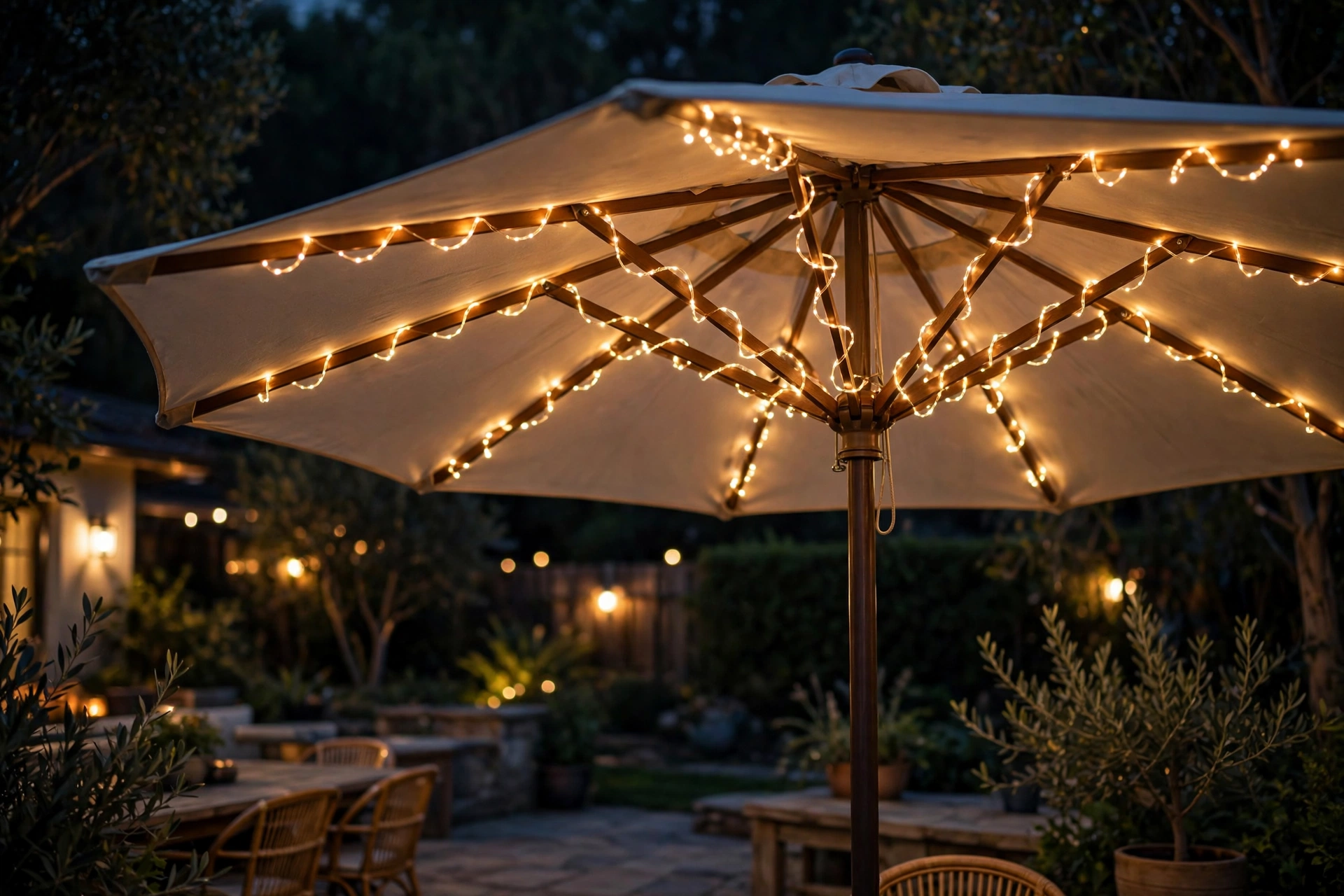 Tiny string lights looped around patio umbrella ribs at night