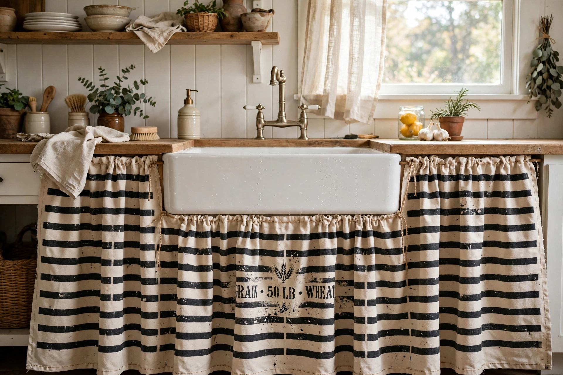 Farmhouse sink skirt sewn from a painter's drop cloth with stenciled grain-sack stripes
